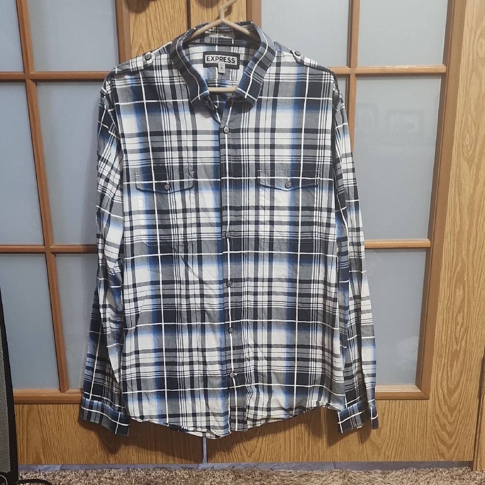 Express Men's Blue Plaid Shirt